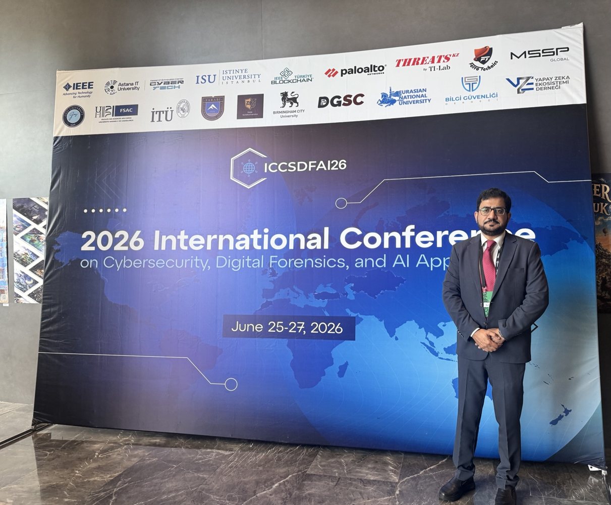 Suhail Ahmad Rana standing in front of the ICCSDFAI 2026 conference banner in Istanbul
